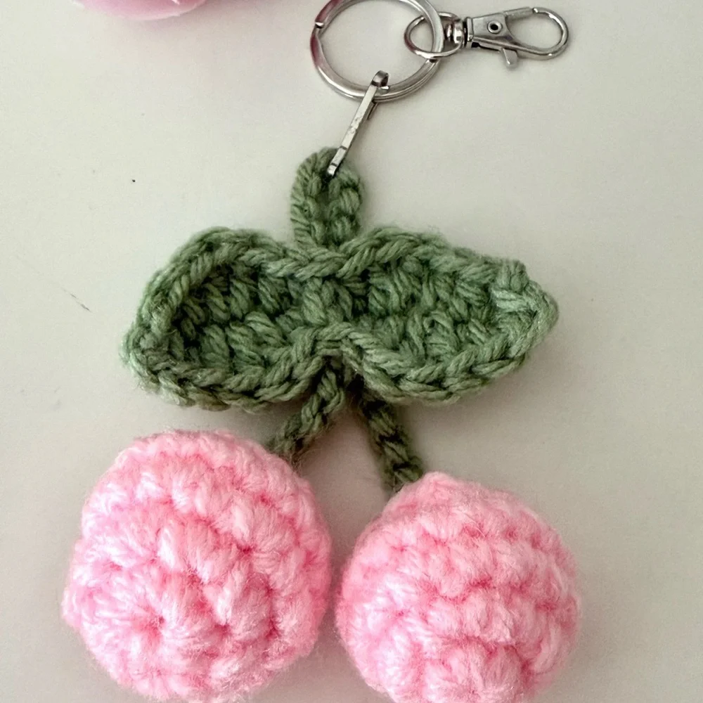 Handmade Crochet Cherry Keychain – Cute Pink Amigurumi Bag Charm - Picture 4 of 7